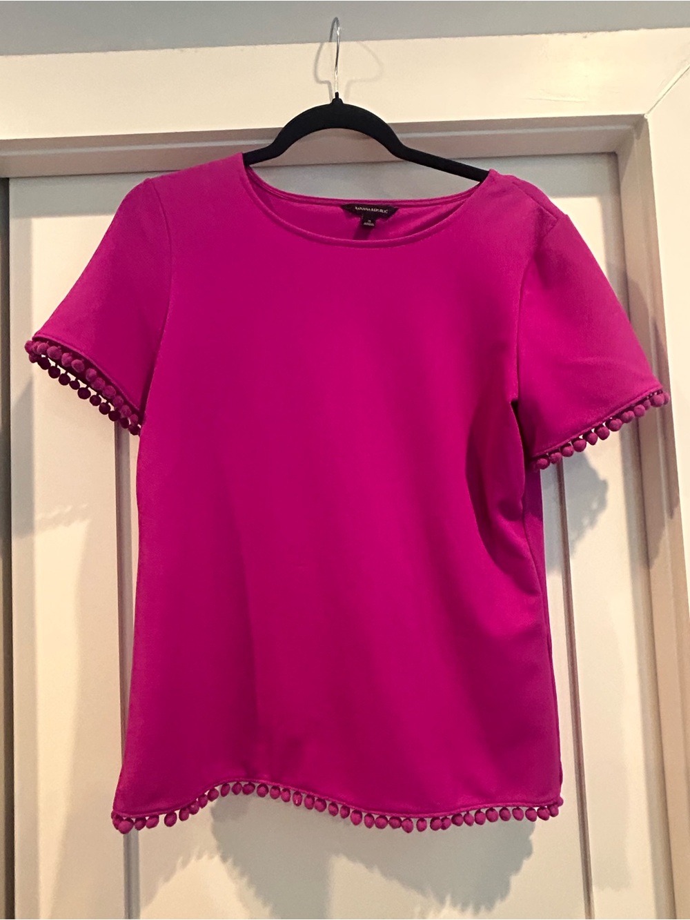 Bright Pink Pom Trim Short Sleeve Top